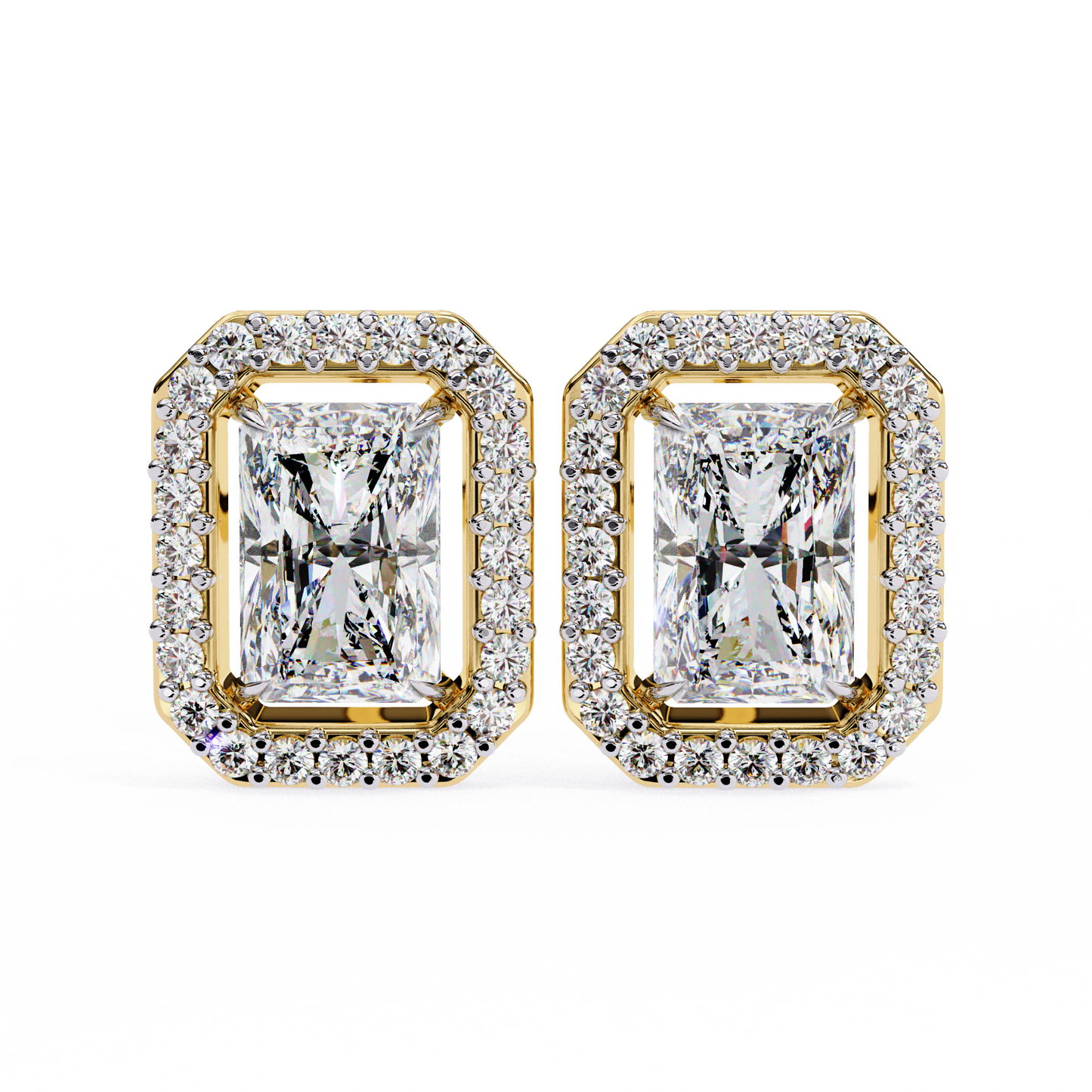 lab grown diamond | moissanite Jewellery Flare Dream Lab Grown OR Moissanite Baguette Halo Stud Earrings Yellow Gold 18K by Rabbito Jewels
