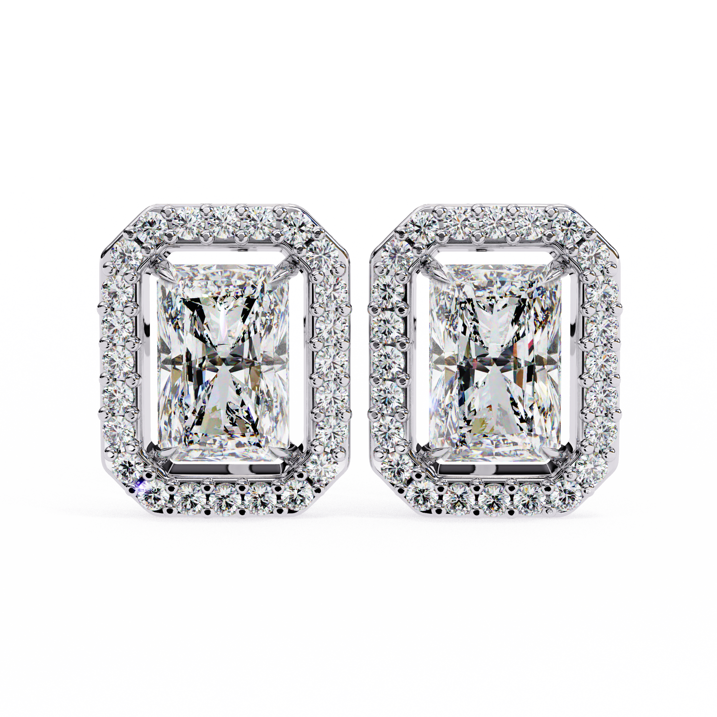 lab grown diamond | moissanite Jewellery Flare Dream Lab Grown OR Moissanite Baguette Halo Stud Earrings White Gold 18K by Rabbito Jewels