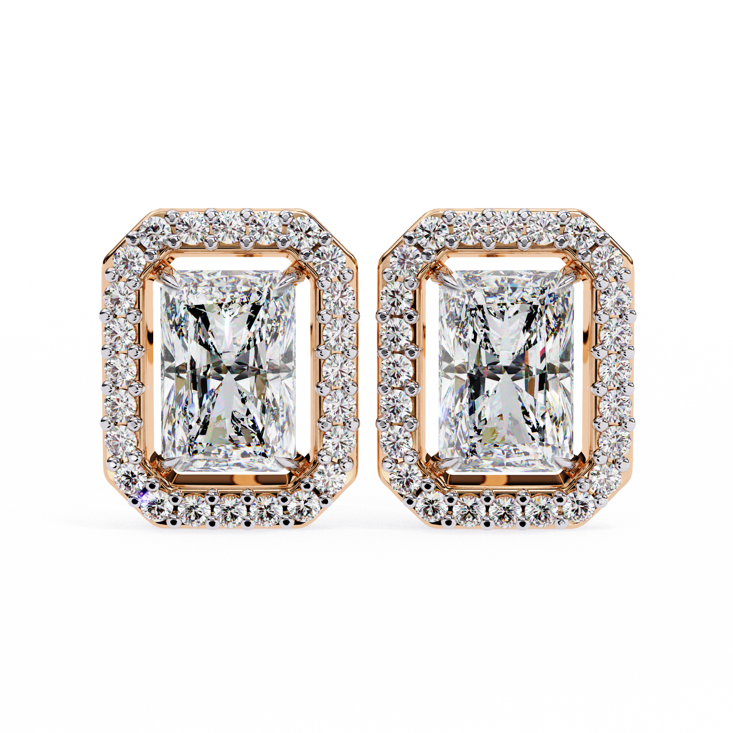lab grown diamond | moissanite Jewellery Flare Dream Lab Grown OR Moissanite Baguette Halo Stud Earrings Rose Gold 14K by Rabbito Jewels