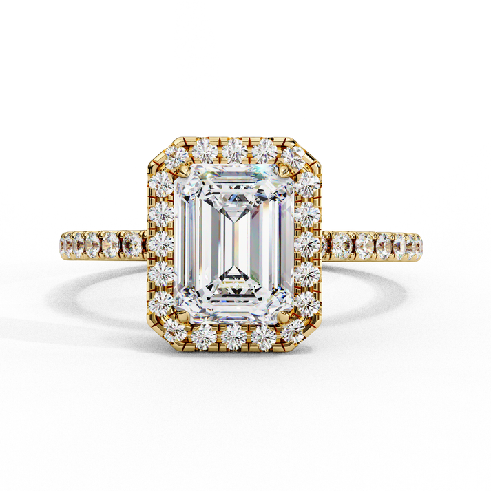 lab grown diamond | moissanite Jewellery Firework Emerald Halo Lab Grown OR Moissanite Ring Yellow Gold 18K by Rabbito Jewels