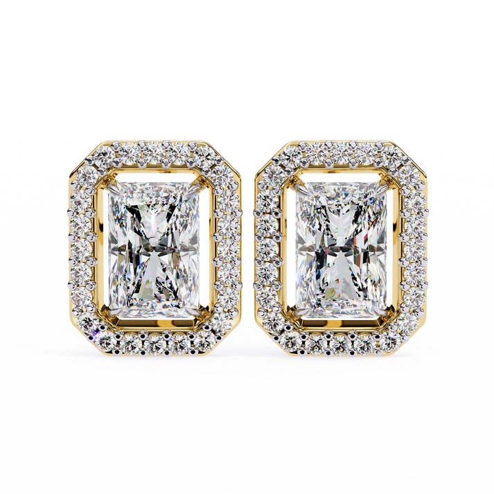 lab grown diamond | moissanite Jewellery Flare Dream Lab Grown OR Moissanite Baguette Halo Stud Earrings Yellow Gold 18K by Rabbito Jewels