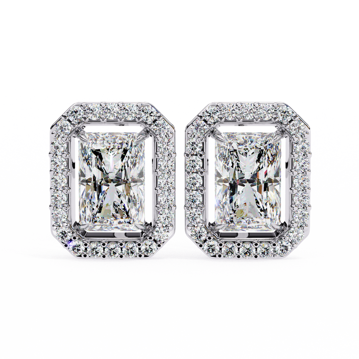 lab grown diamond | moissanite Jewellery Flare Dream Lab Grown OR Moissanite Baguette Halo Stud Earrings White Gold 14K by Rabbito Jewels