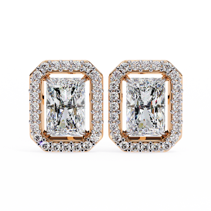 lab grown diamond | moissanite Jewellery Flare Dream Lab Grown OR Moissanite Baguette Halo Stud Earrings Rose Gold 14K by Rabbito Jewels